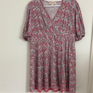 Michael Kors Red and White Floral V-Neck Dress